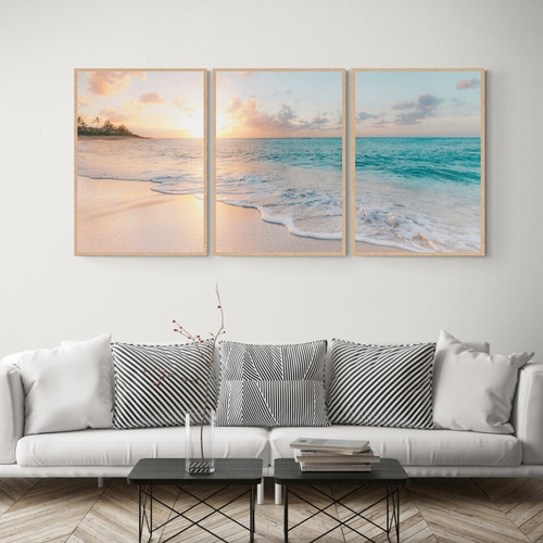 Imagen 2 de 5 de Cuadro Mural Triptico Paisaje Playa 126x60 Mdf
