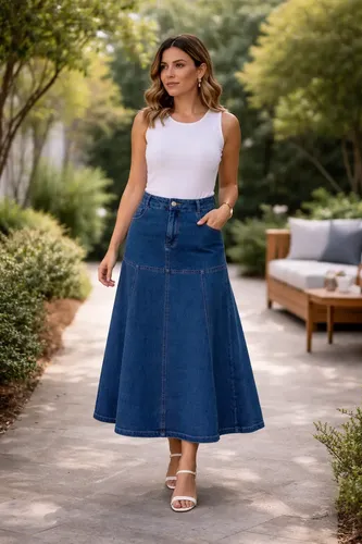 Saia Feminina Longa Jeans Midi Godê Rodada Moda Evangélica