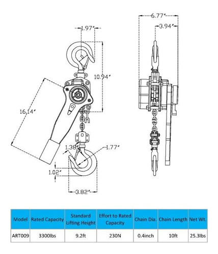 Amarite Chain Hoist Lever Hoist, 3300 Lbs, 10ft Load, Cha...