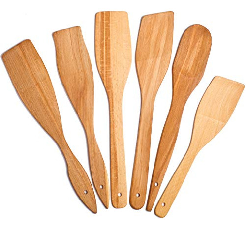 6 Cucharas De Madera Para Cocinar - Espátula Y Cuchara...