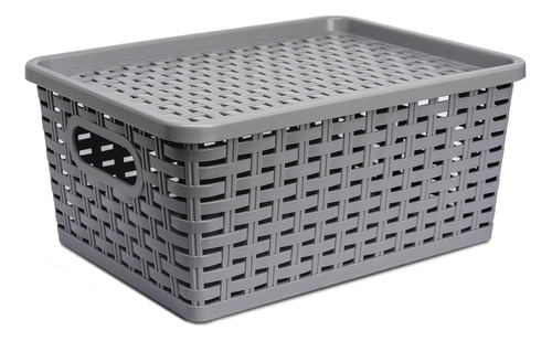 Caja Organizadora Con Tapa Canasta Mimbre Plástico Color Gris