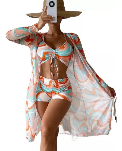 Conjunto De Bikini De Talle Alto Y Traje De Baño Estampado D