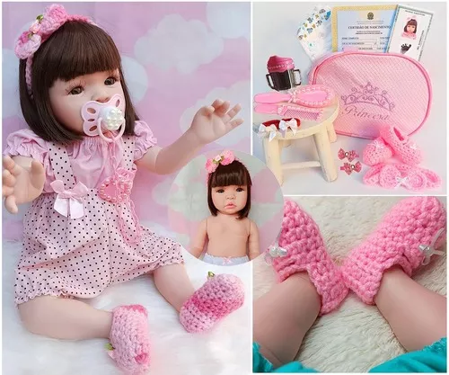 Boneca Bebê Menina Reborn Silicone Pode Molhar Kit Itens