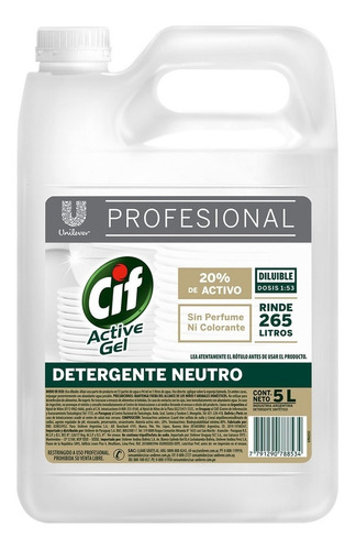 Detergente Neutro Cif Active Gel 5 Lts Unilever Profesional