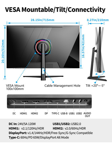 Monitor Gamer Fyhxele 32 Pulgadas Uhd 4k 144hz Ips Led 1ms Amd Freesync Hdmi 2.1 Dp 1.4 Type C Hdr 400 Vesa