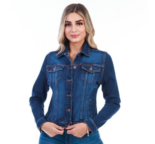 Imagen 1 de 5 de Chamarra De Mezclilla Stretch Mujer Ajustable Azul Oscuro