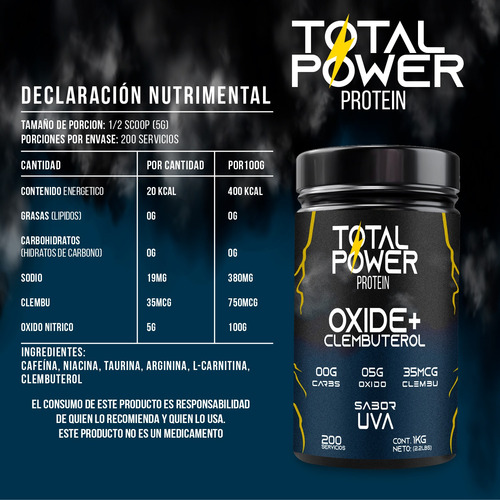 Óxido Nítrico + Clembuterol Total Power 1 Kg Pre-entreno Uva