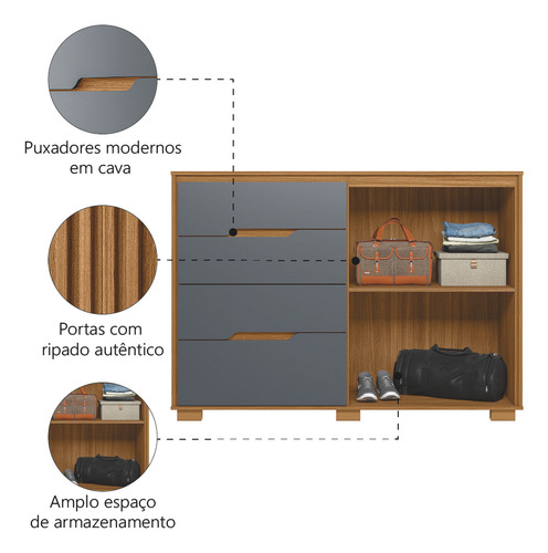 Cômoda 4 Gavetas 2 Portas Com Ripado Moval Texas Freijó/cinza Cor Freijó/gra