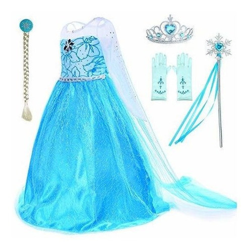 Disfraz Princess Elsa Para Niñas Con Corona, Maza, Guantes 