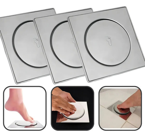 Kit 3 Ralos Click Dami 10x10 Inteligente Pop Up Inox Oculto Invisível Para Banheiro E Cozinhas Acabamento Premium