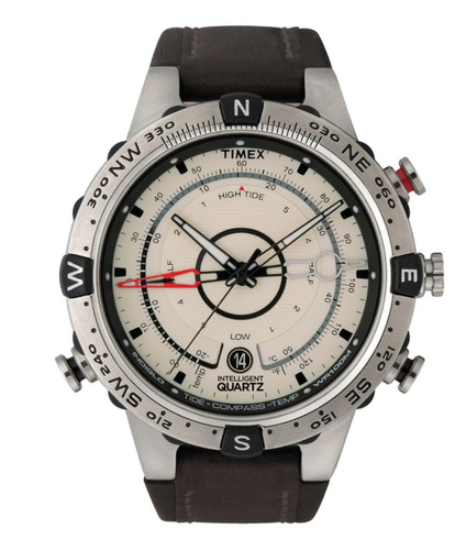 Reloj de pulsera Timex Intelligent Quartz T2N721 de cuerpo color plata, analógico, para hombre, fondo beige, con correa de cuero color marrón, agujas color negro, blanco, rojo y gris, dial negro, minutero/segundero negro, bisel color plata