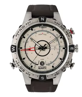 Reloj de pulsera Timex Intelligent Quartz T2N721 de cuerpo color plata, analógico, para hombre, fondo beige, con correa de cuero color marrón, agujas color negro, blanco, rojo y gris, dial negro, minu