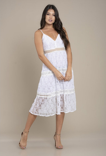 Imagem 1 de 4 de Vestido Branco Midi Em Renda Casamento Formatura Réveillon 