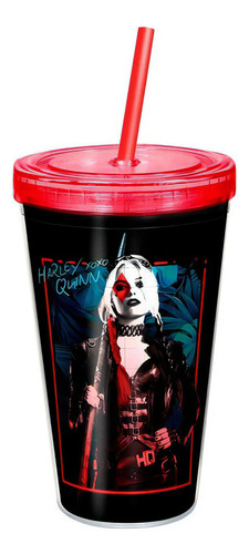 Copo Canudo Esquadrao Suicida Harley Quinn Alerquina Dc Cor Preto Com Tampa Vermelha