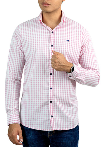 Camisa Hombre Casual Slim Cuadros Rosa Claro, Blancos Alexis