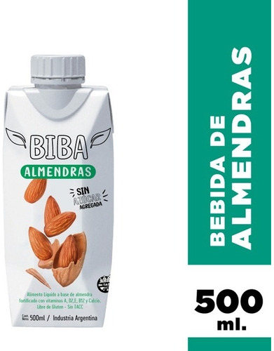  Leche Vegetal De Almendras Biba 500 - Sin Azúcar - Sin Tacc
