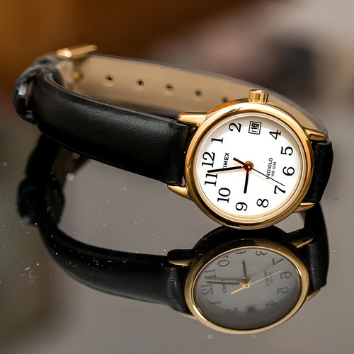 Reloj Mujer Timex Correa De Piel Con Luz 25 Mm T2h3419j Correa Negro Bisel Dorado Fondo Blanco