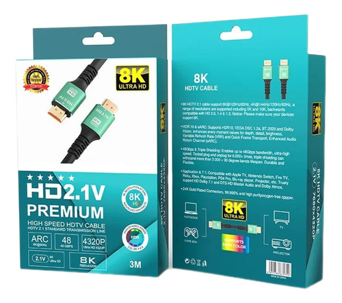 Cable Hdmi 8k 60hz 4k 120hz 48gbps V2.1 Punta Oro 3mtrs