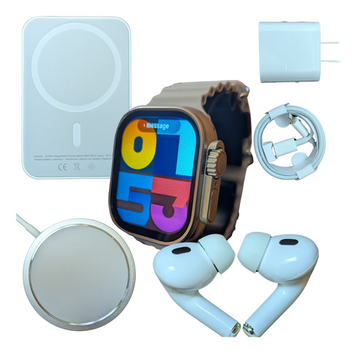Kit Smartwatch X8 Con Audífonos Bluetooth Y Accesorios Cobre Ocean Band Gris
