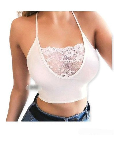 Remera Con Encaje En El Escote  Musculosa Corta Tipo Top