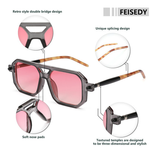 Gafas De Sol Feisedy Vintage De Los Años 70 Con Marco Clásic Lente Gray Frame & Pink Lens Diseño Ocean