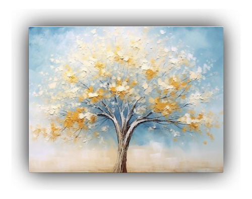 90x60cm Cuadro De Árbol Azul Y Hojas Amarillas Flores