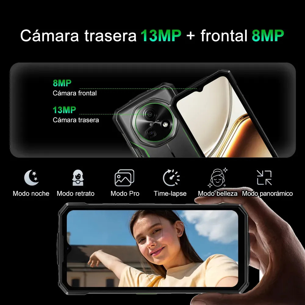 DOOGEE Fire 5 Pro Android 16 Celular Impermeable, 13000mAh 18W, 24GB+128GB/2TB Teléfono Resistente, 6.6'' HD+90Hz, 13MP+8MP, Helio G81/NFC/4G Triple Ranura/Face ID/GPS/OTG/IP68 Verde