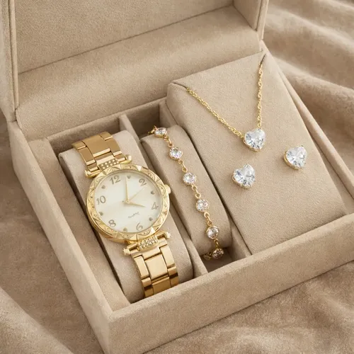 Relógio Feminino+ Kit Colar Pingente Brincos Folheado A Ouro