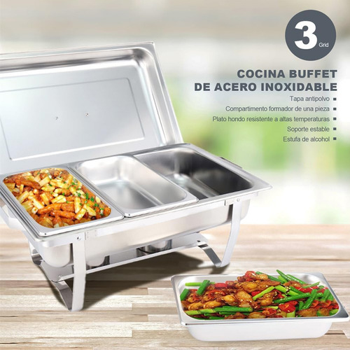Chafer Bufetera Plegable De Acero Inoxidable 3 Divisiones
