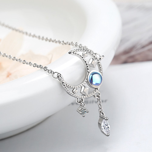 Imagen 6 de 10 de Collar Luna Plata 925 Cristal Azul Con Zirconias Colgantes