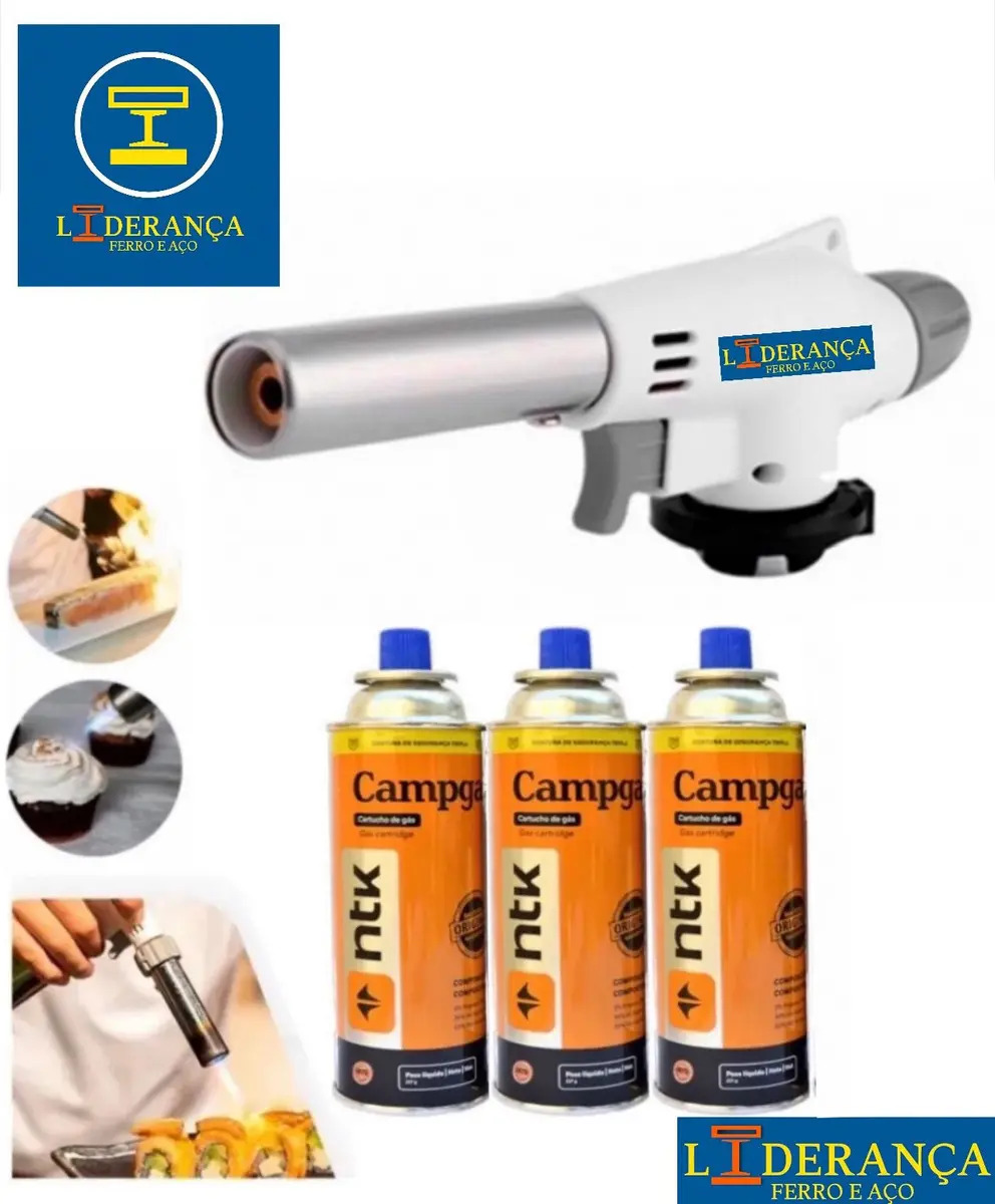 Maçarico Profissional Universal Multiuso Gourmet Portátil Com Regulagem De Chamas Kit Completo Com 3 Refil Para Chef De Cozinha Confeiteiro Flambar Solda Marca - Liderança Ferro E 