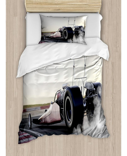 Ambesonne Cars Duvet Cover Set, Dragster Racing Down The Tra