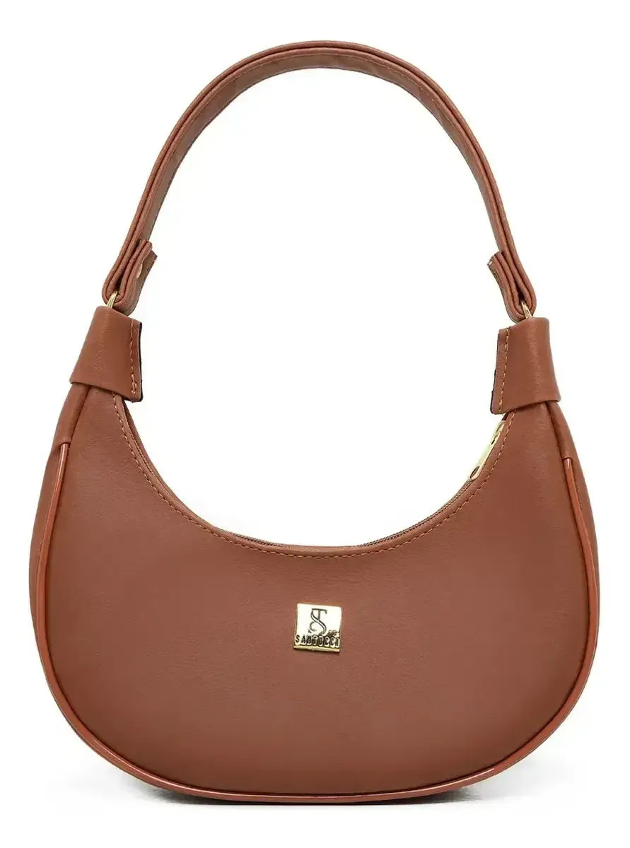 Bolsa Feminina Tote Meia Lua De Ombro E Mão Sofisticada Acambamento dos ferragens Ouro Cor Marrom Correia de ombro Marrom Desenho do tecido Lisa