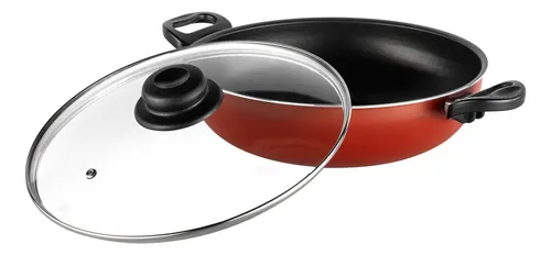 Frigideira Antiaderente Wok 26 Tampa De Vidro Cor Vermelho