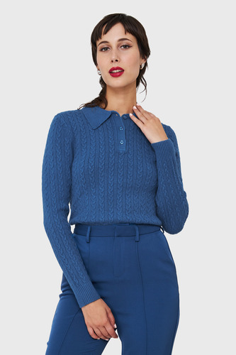 Sweater Cuello Camisero Cadenetas Azul Índigo Nicopoly