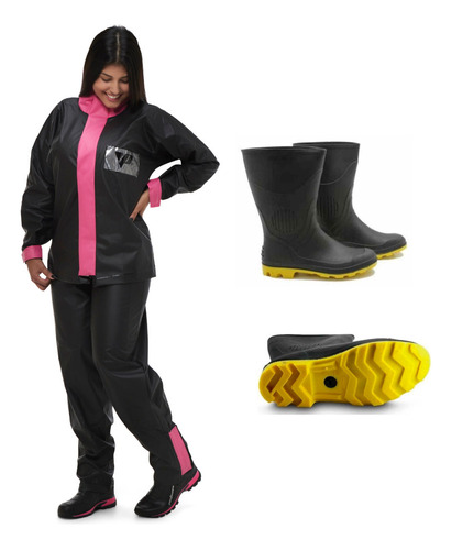 Capa De Chuva Feminina Pvc Conjunto Det Rosa + Bota Borracha