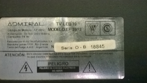Tv Admiral Ef3912 Con Pantalla Rota. Para Sacar Repuestos. (Usado)