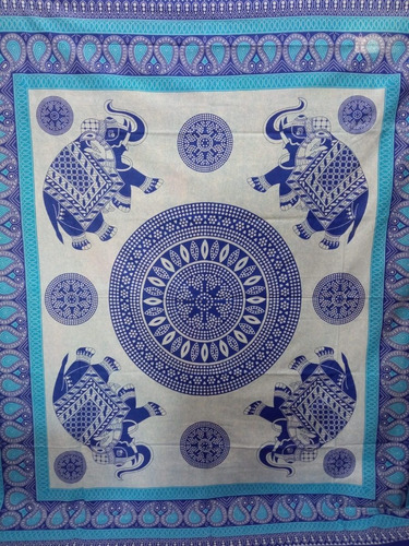 Manta Colcha Indiana Casal Mandala E Elefantes Azul