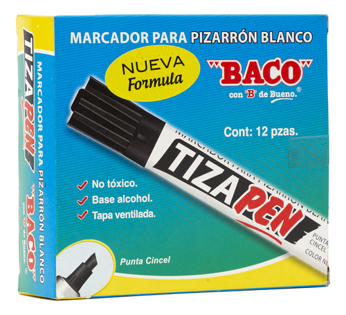 Marcador Para Pizarron Baco Tizapen Mr020 Negro Cincel 12pzs