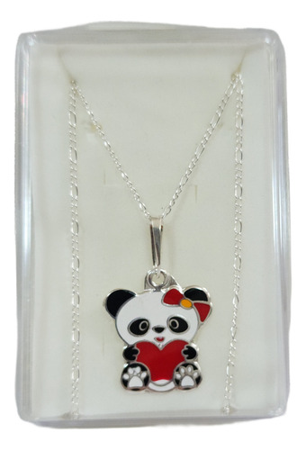 Collar De Oso Panda Corazon Rojo De Plata 925 +estuche A1