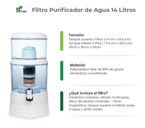 Filtro Purificador Agua 14 Litros + Cepillo Bambú Ecotrade F