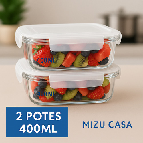 Kit 4 Potes 400 Ml Vidro Hermético 4 Travas Marmita Retangul