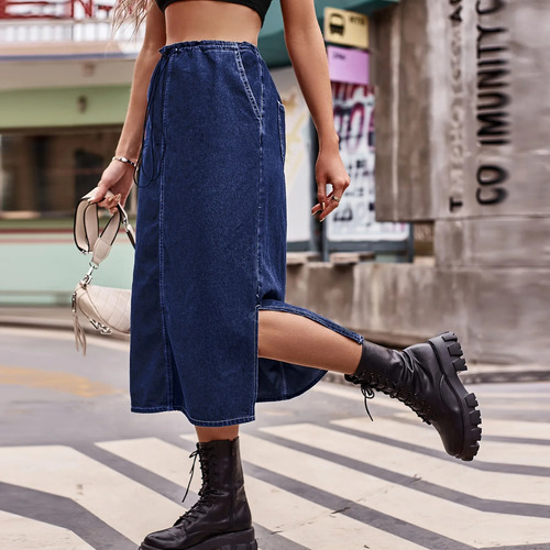 Falda Midi De Mezclilla Con Cintura Elástica Para Mujer, Est