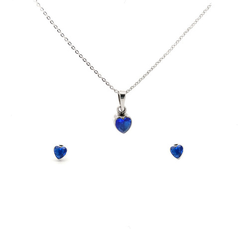 Collar Aretes Dije Y Cadena Plata .925 Set Circonia Agálea Color Azul