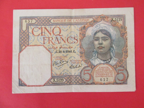 Antiguo  Billete Africa Banco De Argelia 5 Francos Año 1941 