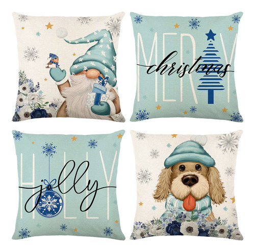 4 Fundas Almohada Estampada Navidad Lino Azul