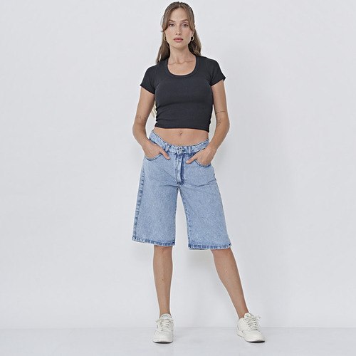 Bermuda Rigida Wide Celeste Nevada Mujer Kinoa Denim