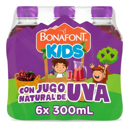 Agua Bonafont Kids Con Jugo Natural De Uva 6 Pz De 300 Ml