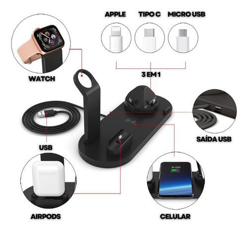 Base De Carregamento Indução 7 Em 1 Para Iphone E Smartphone Preto