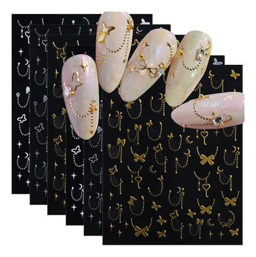 Y2k Bronzing Gold Silver Bow Nail Stickers Heart Chain Butt.